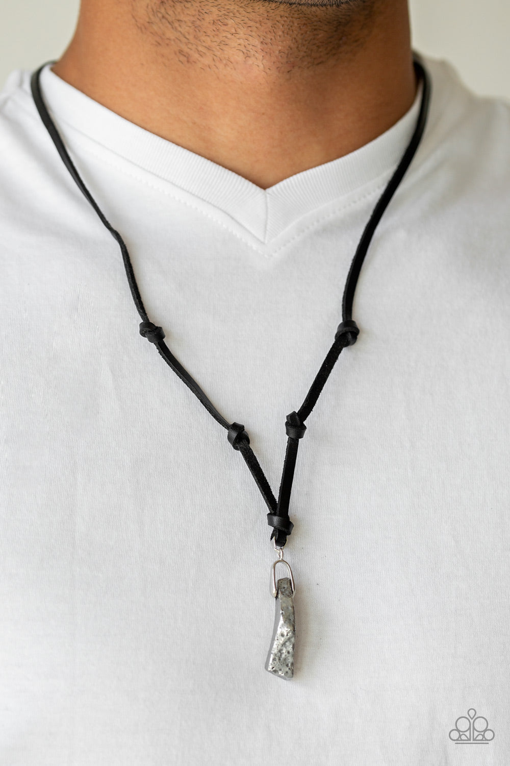 PAPARAZZI MAGNETISM - SILVER - HEMATITE - BLACK LEATHER URBAN SLIDING KNOT NECKLACE